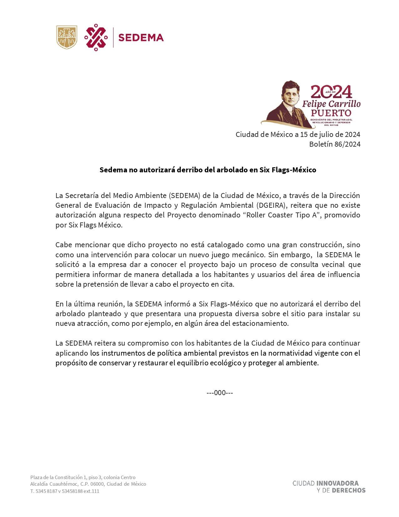 Comunicado de la Sedema CDMX donde le pone un alto al ecocidio de Six Flags México