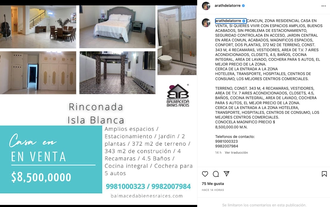 Arath de la Torre pone a la venta casa en Cancún