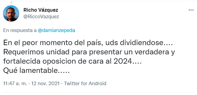 Tuit de respuesta a Damián Zepeda/ @RicooVazquez