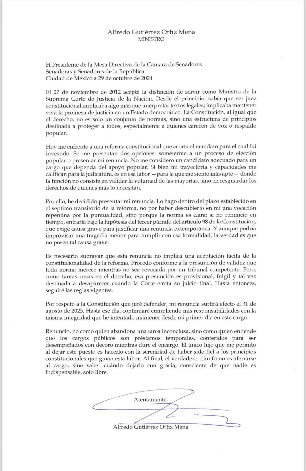 Carta de renuncia del ministro Alfredo Gutiérrez Ortiz Mena