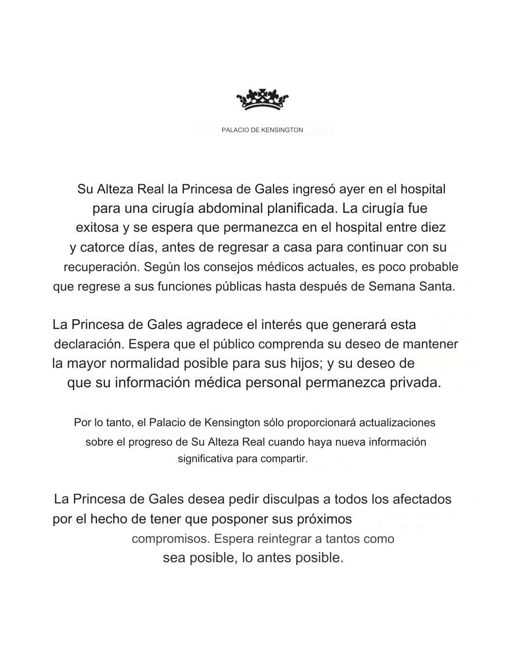 Comunicado sobre la salud de Kate Middleton, la princesa de Gales.
