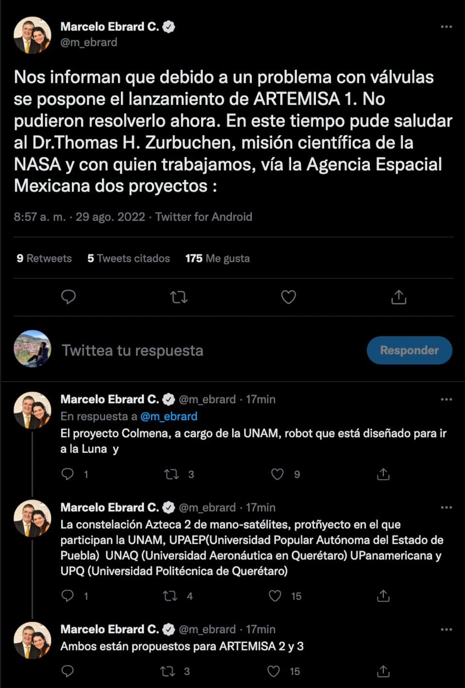 ¿Nada le sale bien? Marcelo Ebrard no pudo ver despegar al Artemis 1