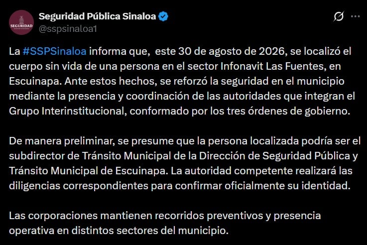 Comunicado de la Secretaría de Seguridad Pública del Estado de Sinaloa