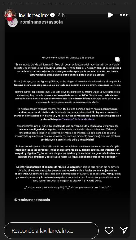 Alicia Villarreal pide respeto a su vida privada