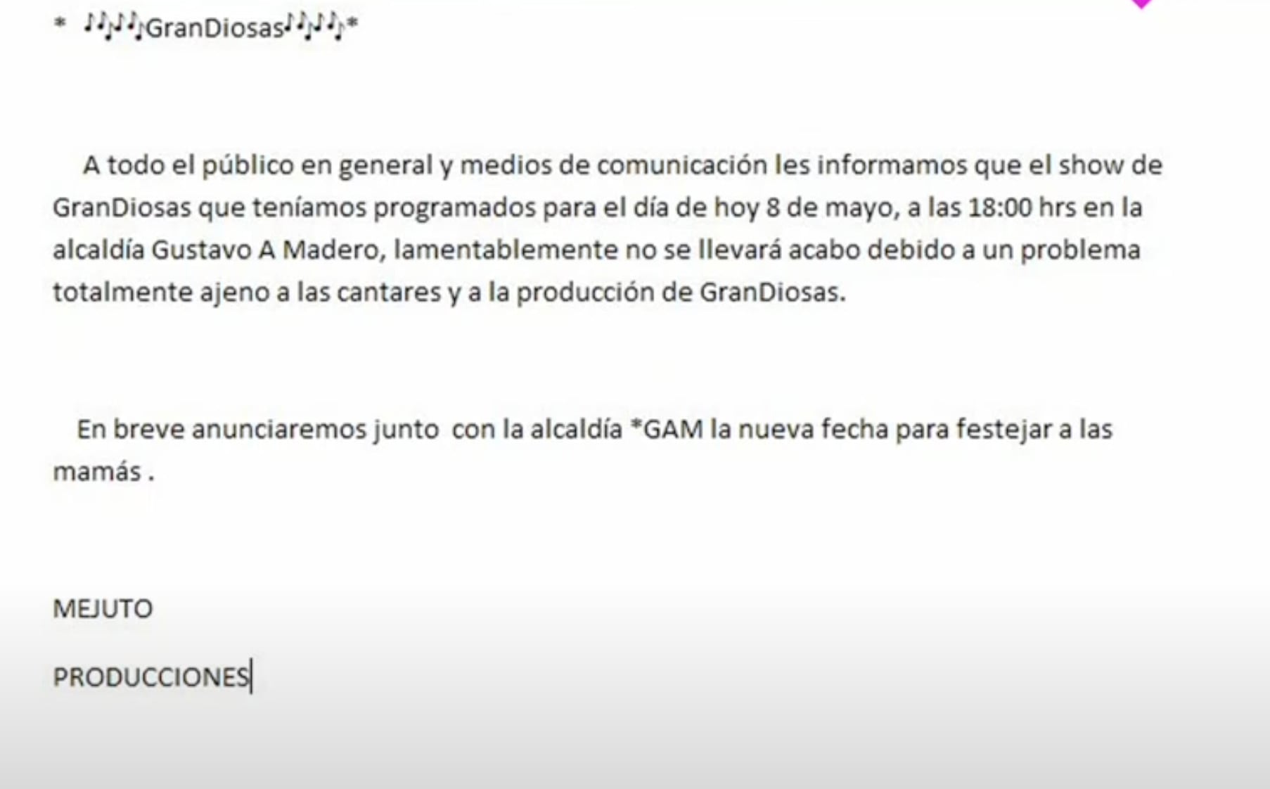 GranDiosas cancela su concierto en la alcaldía Gustavo A. Madero