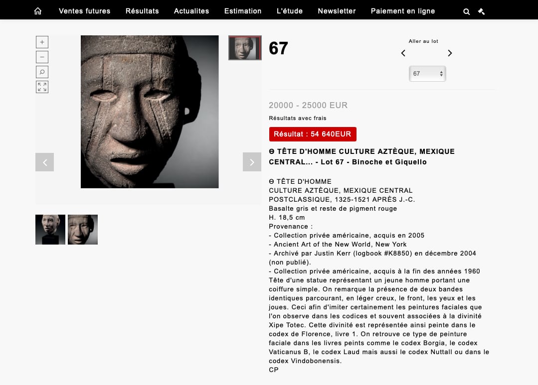 Captura de pantalla de página web de subastado francesa vendiendo una pieza arqueológica de México