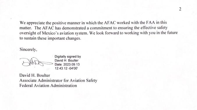 Carta de la FFA a México informa la recuperación de la Categoría 1en aviación civil