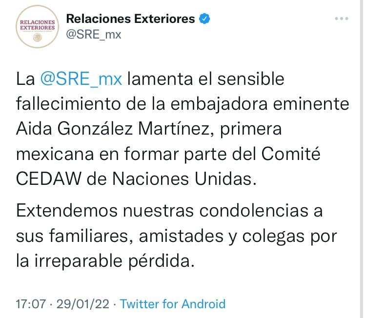 SRE sobre la muerte de Aida González Martínez
