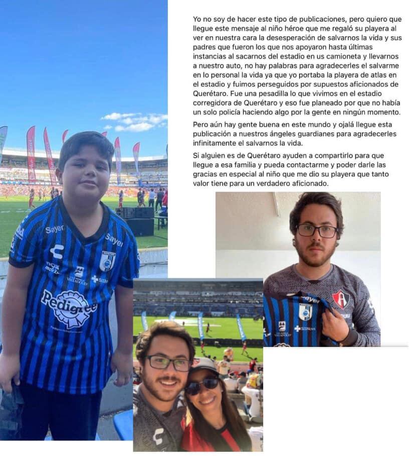 publicación del niño "héroe" que salvó a un aficionado del Atlas FC