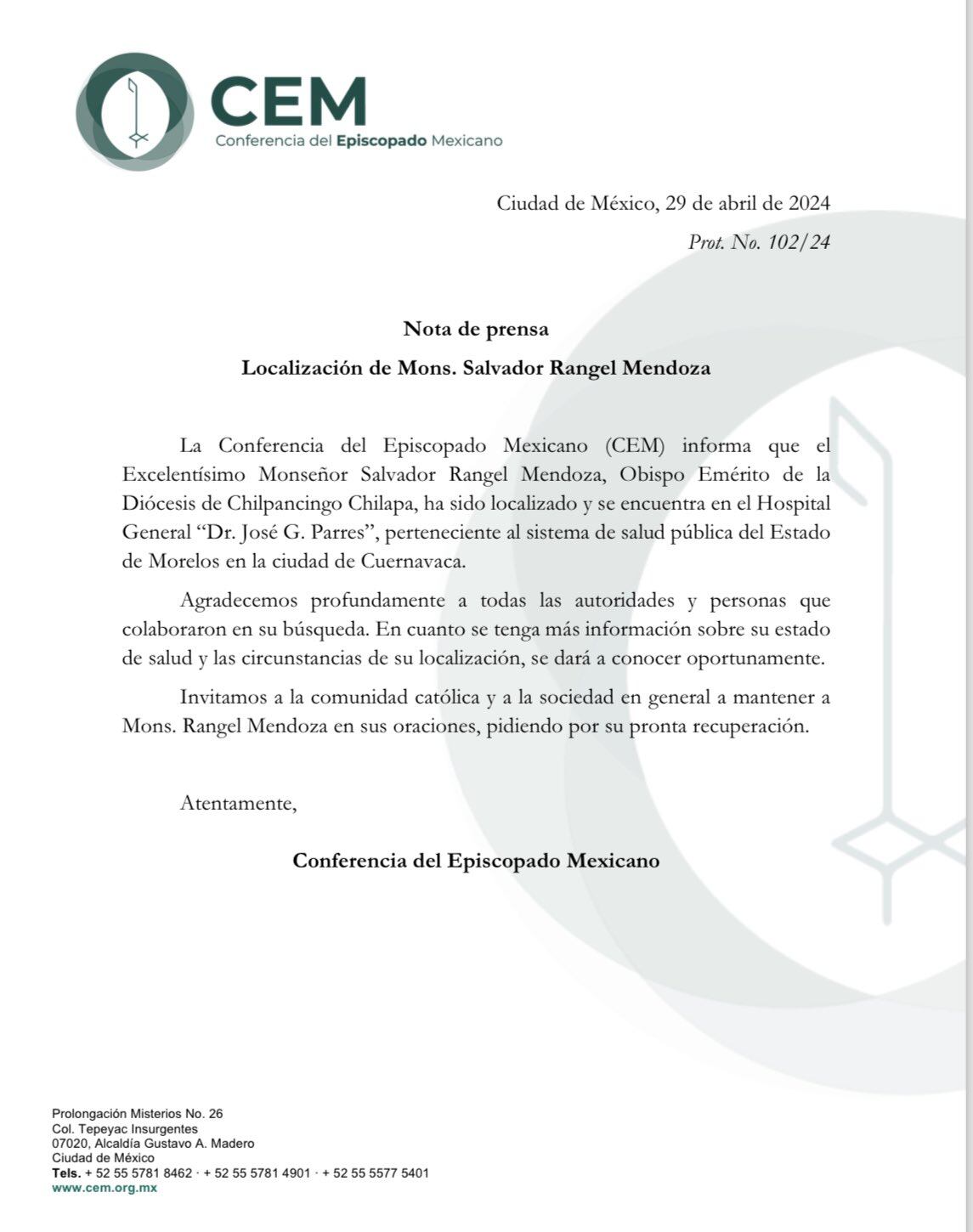 Salvador Rangel Mendoza, obispo de Chilpancingo, fue localizado con vida