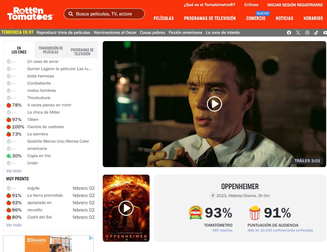 Oppenheimer en Rotten Tomatoes