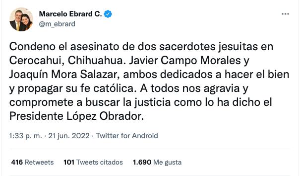 Marcelo Ebrard lamenta asesinatos de sacerdotes jesuitas