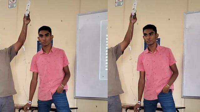 Estudiante exponiendo con todo y bolsa de suero