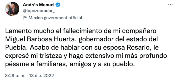 AMLO reporta la muerte de Miguel Barbosa