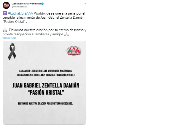 La AAA da condolencias por muerte de 'Pasión Kristal'.