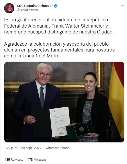 Claudia Sheinbaum dio las llaves de la ciudad al presidente de Alemania