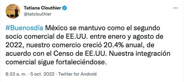 Tatiana Clouthier presume que México se mantuvo como el segundo socio comercial de Estados Unidos