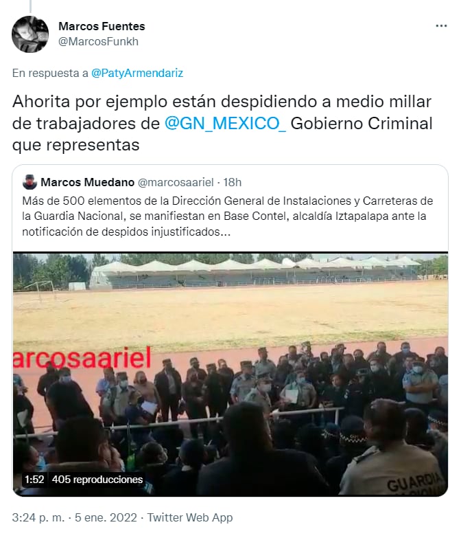 Tuit sobre despidos en el GN