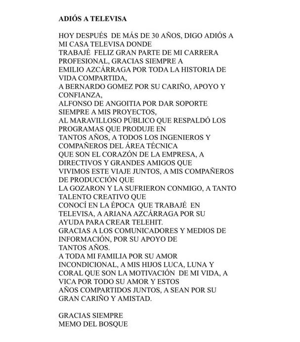 Guillermo del Bosque se despide de Televisa