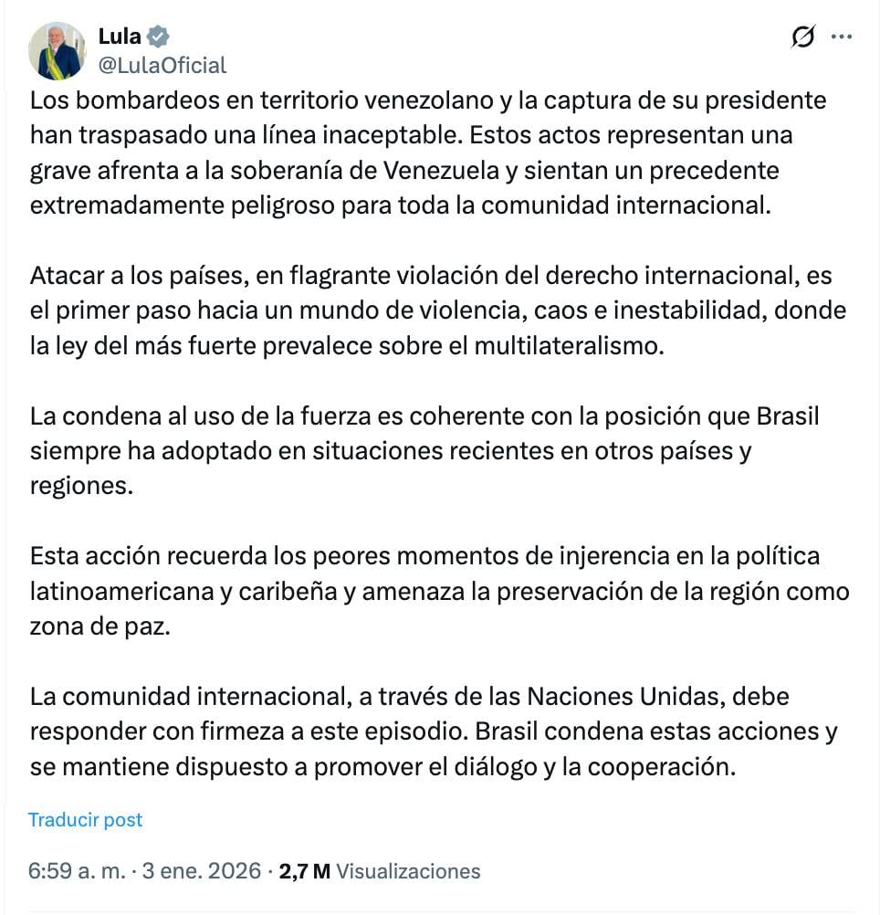 Lula sobre la captura de Maduro
