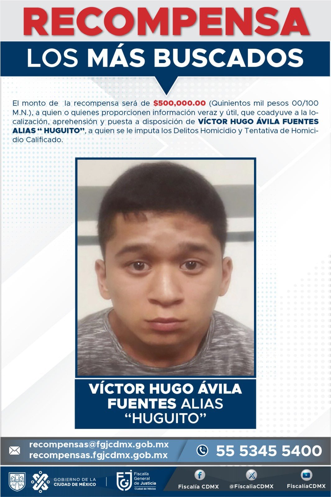 Fiscalía CDMX ofrece recompensa por Víctor Hugo Fuentes Ávila