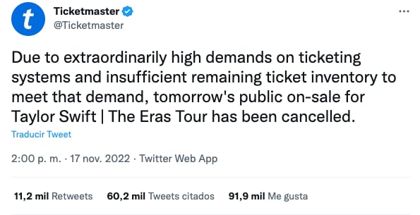 Ticketmaster cancela venta de boletos de Taylor Swift