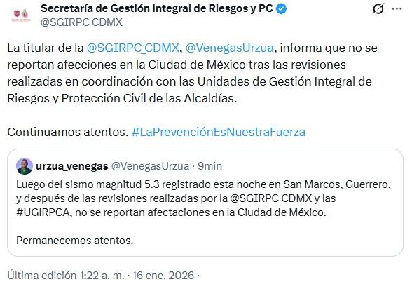 Sismo en Guerrero hoy 16 de enero CDMX