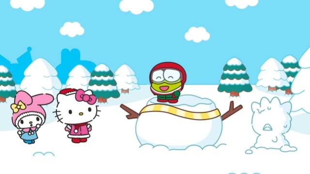 Hello Kitty y sus amigos juegan en la nieve por el invierno