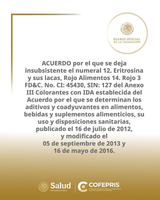 Secretaría de Salud prohíbe la eritrosina en alimentos, bebidas y suplementos