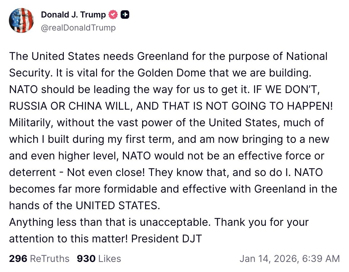 Trump reitera que Estados Unidos “necesita” Groenlandia por seguridad nacional