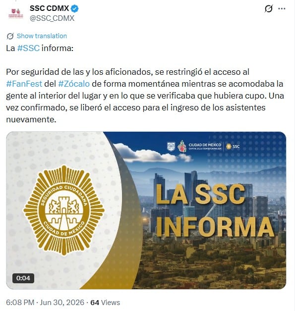 Seguridad CDMX explica disturbios en el FIFA Fan Fest del Zócalo