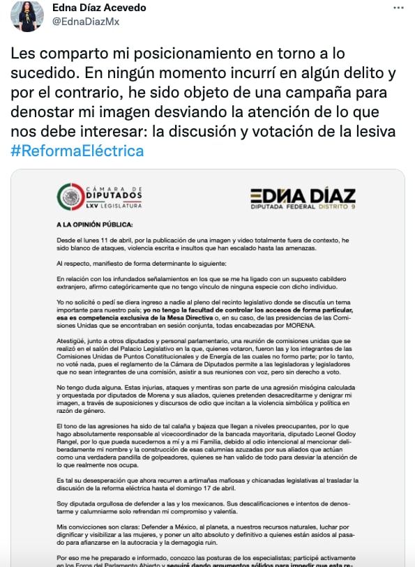 Comunicado de Edna Díaz Acevedo
