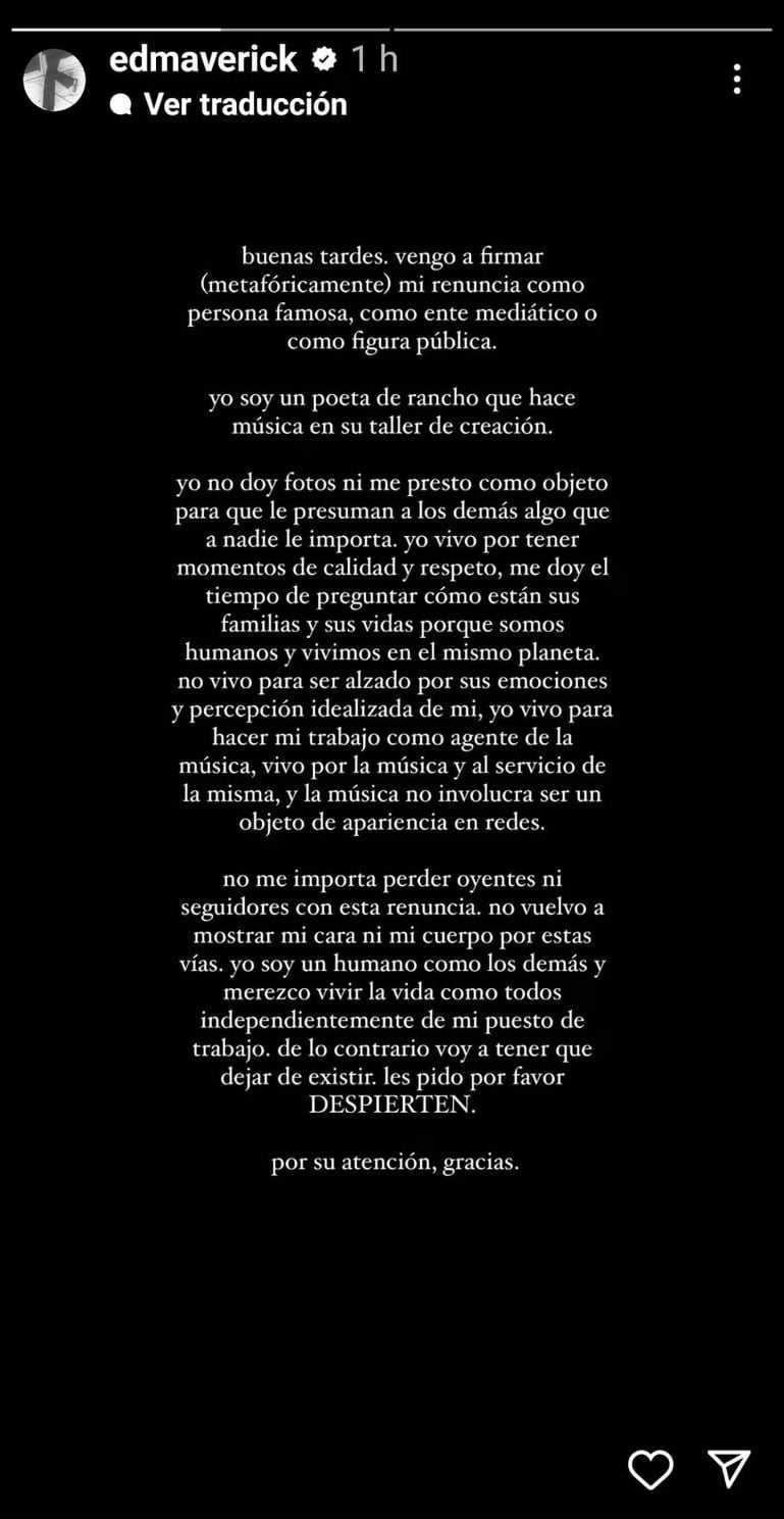 Comuncado de Ed Maverick en Instagram en donde dice que se retira de ser famoso