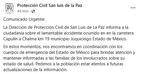 Comunicado de Protección Civil San luis de la Paz
