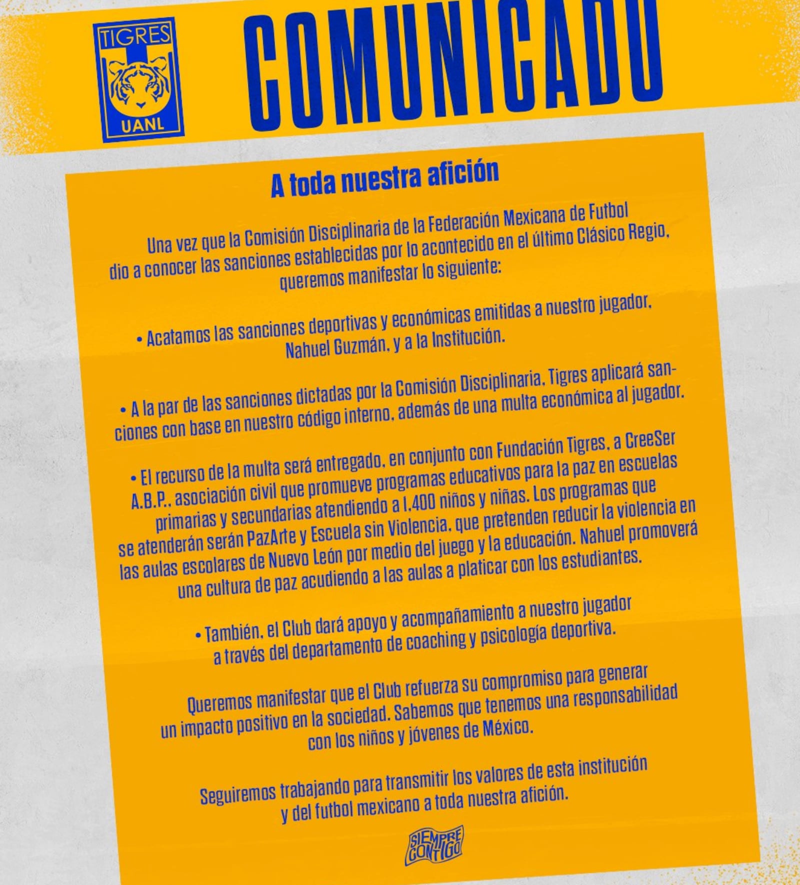 Comunicado Tigres sobre castigo a Nahuel Guzmán