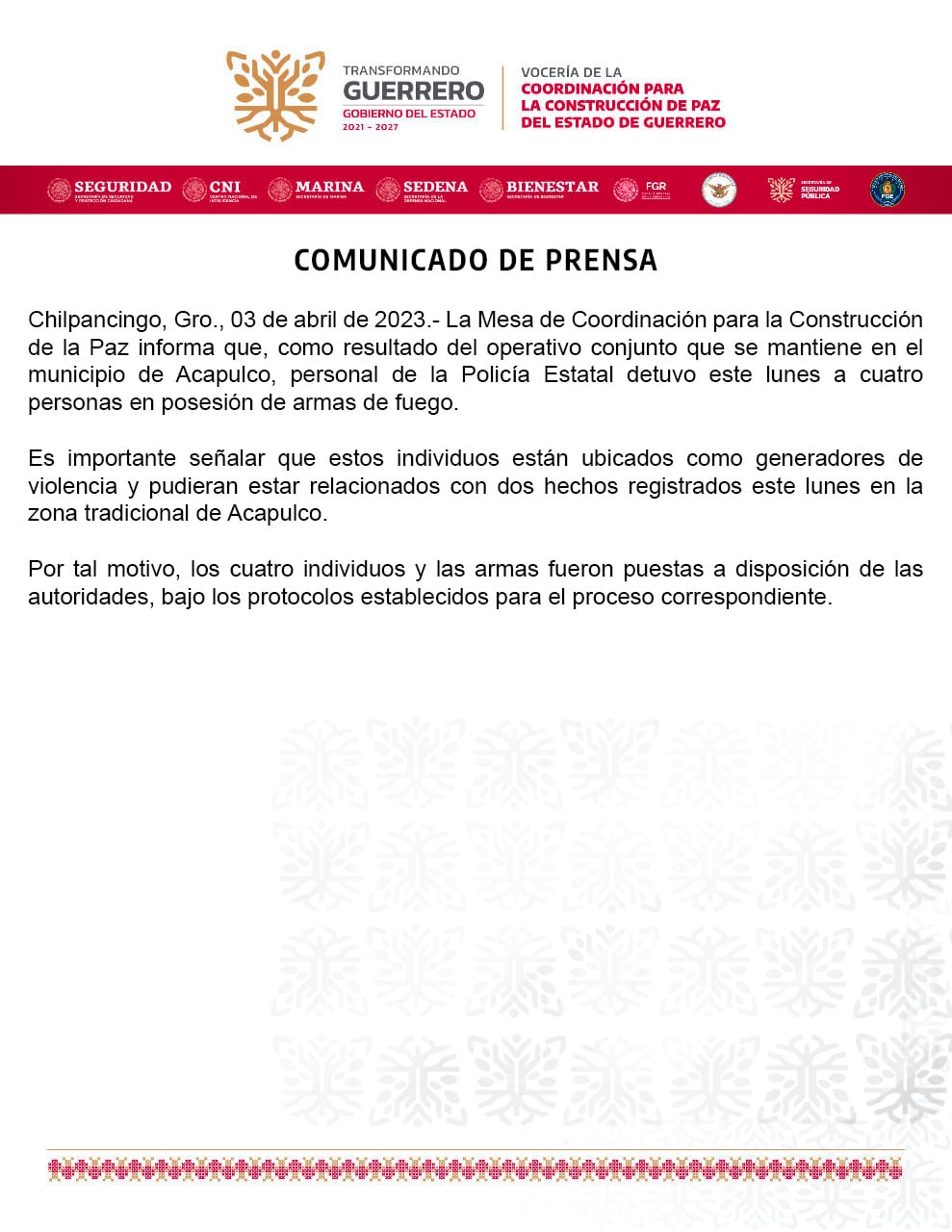 Comunicado Coordinación para la Construcción de Paz Guerrero