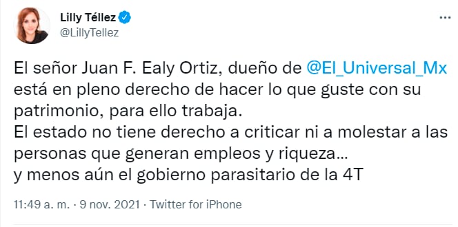 Captura de pantalla del tuit de Lilly Téllez defendiendo a Juan Francisco Ealy Ortiz, dueño de El Universal/ vía Twitter @LillyTellez