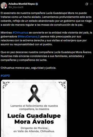 Ariadna Montiel lamenta el asesinato de Lucía Guadalupe Mora en Valle de Allende, Chihuahua.
