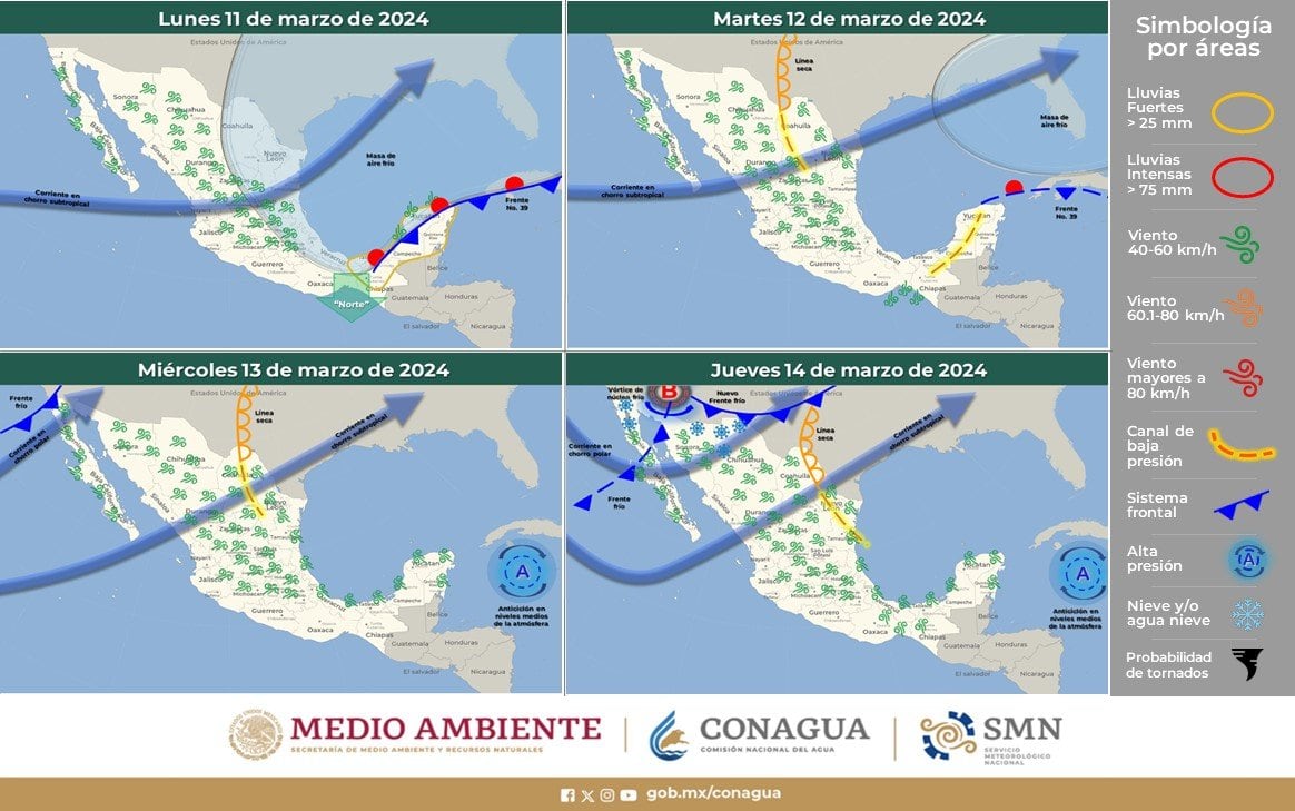 Frente frío 39 provocará lluvias en 11 estados de México