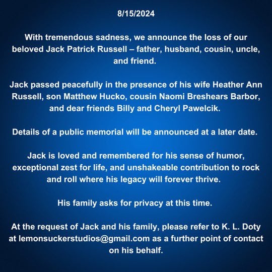 Comunicado por la muerte de Jack Russell