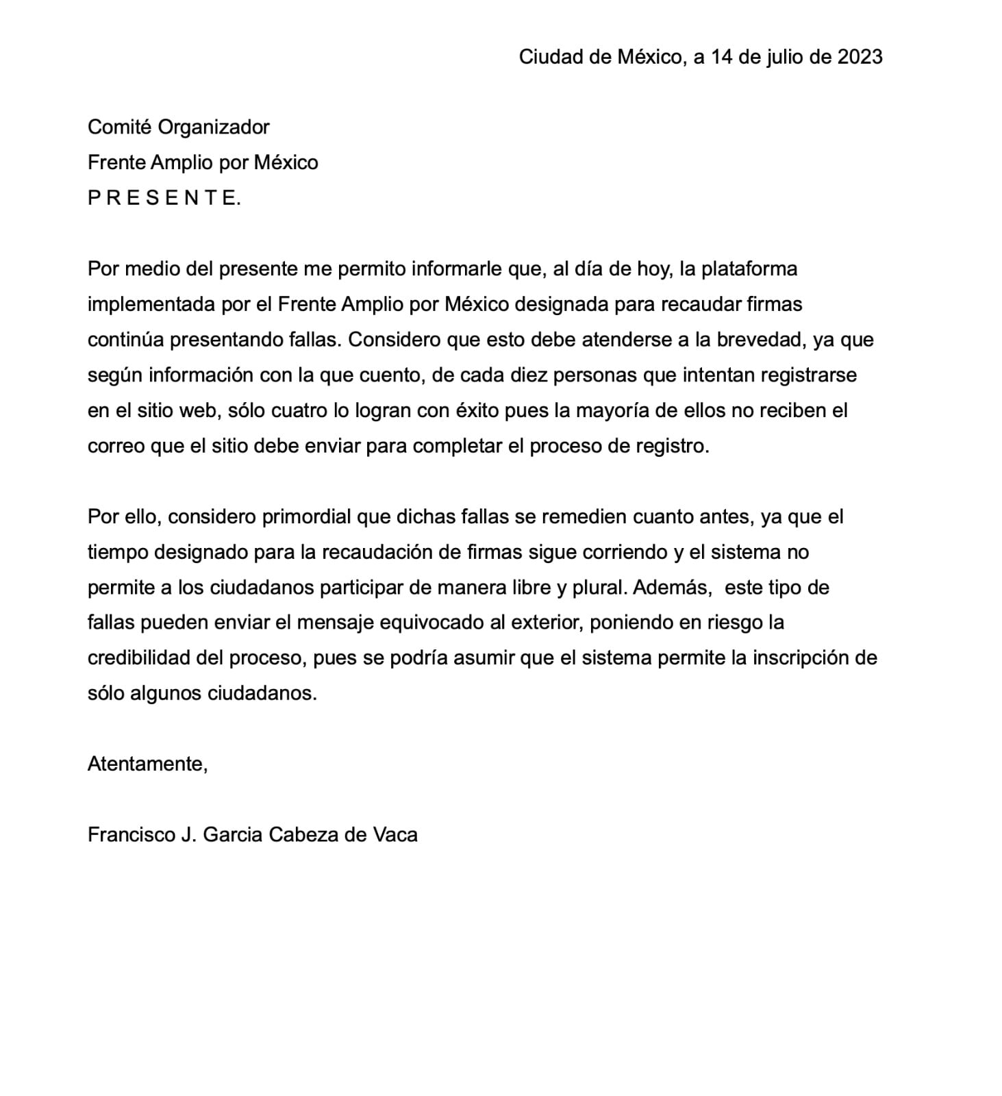 Comunicado de Francisco García Cabeza de Vaca