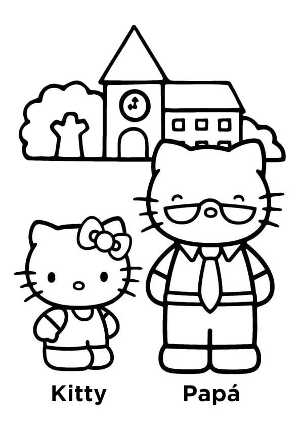 Dibujos de Hello Kitty con su papá para colorear por el Día del Padre
