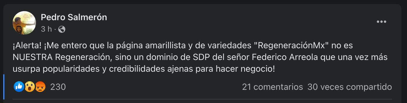 Mentira de Pedro Salmerón divulgada en Facebook
