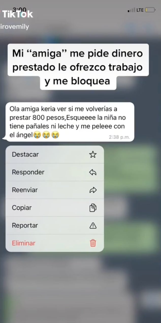 Conversación con la amiga que pidió dinero