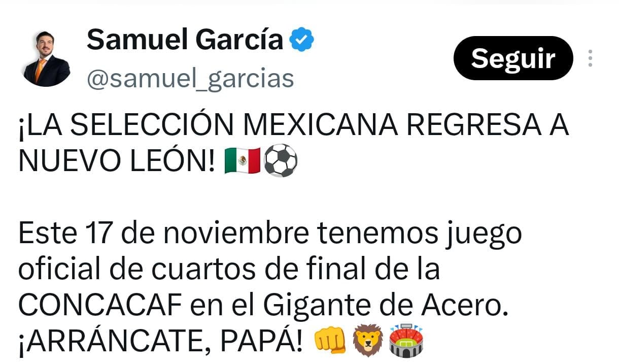 Samuel García celebra regreso de la Selección Mexicana al Estadio Monterrey