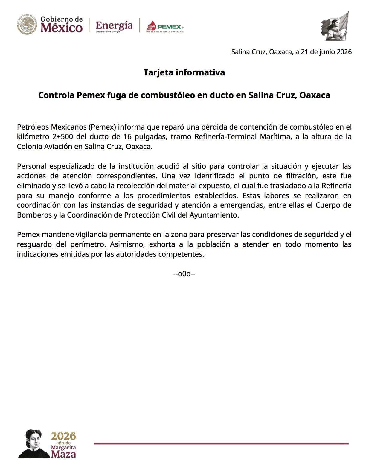 Fuga de combustóleo en refinería de Pemex en Salina Cruz