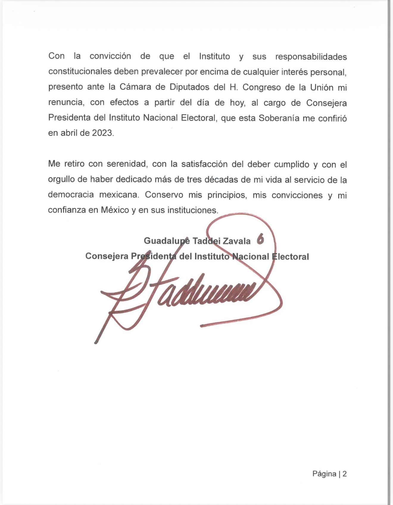 Carta de renuncia de Guadalupe Taddei a la Cámara de Diputados