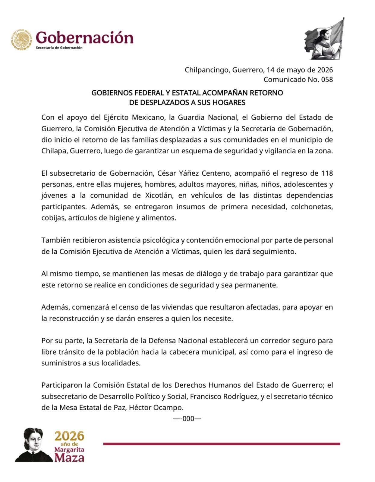 Gobernación confirma regreso de familias desplazadas a Chilapa