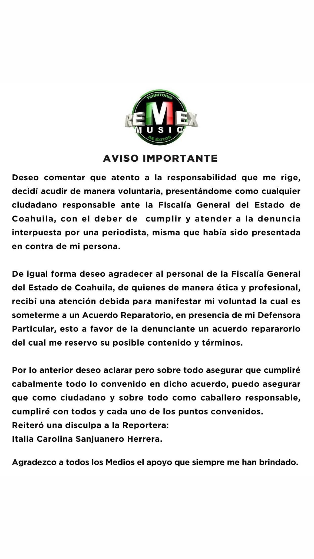 Comunicado de Pablo Montero a denuncia