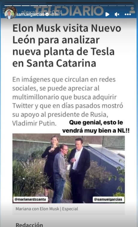 Samuel García presume encuentro de Mariana Rodríguez con Elon Musk